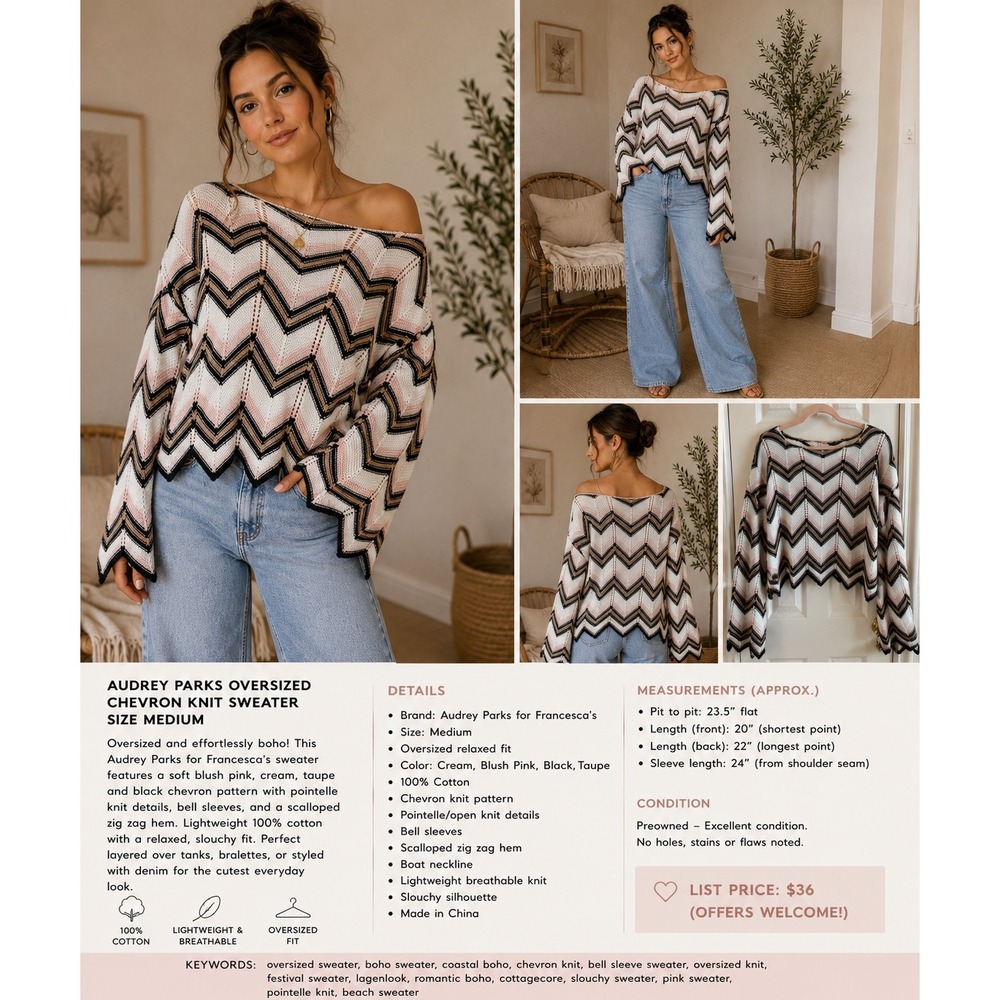 Audrey Parks Oversized Chevron Knit Sweater M Bell Sleeve Boho Cotton